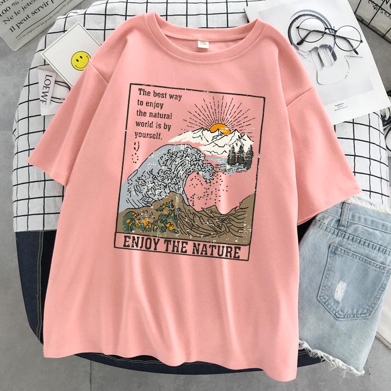Genießen Sie die Natur Harajuku Grafik T-Shirts Weibliche Street Hip Hop T-Shirts Baumwolle Übergroße Kleidung Cooles Atmungsaktives T-Shirt