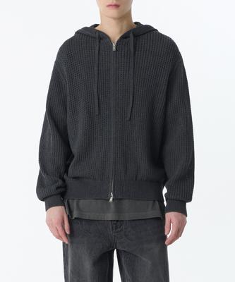 Crochet Knit Hooded Zip-Up [Medium Grey]