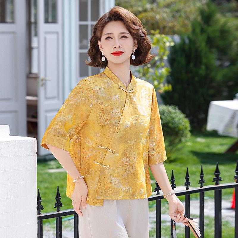 

Elegant Chinese Style Spring Jacket for Middle-Aged and Elderly Women, Thin and Loose Fit for Spring and Autumn XL (recommended for 90-105 jin) жёлтый