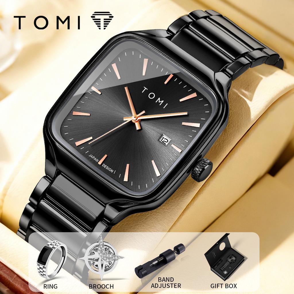 Men Square Quartz Watch Stainless Steel Strap Classic Fashion Wristwatch Gift Set