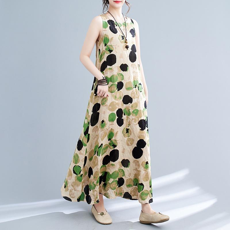 Real Shot Summer New Literary Loose Printing Round Neck Sleeveless Dress Women's Medium and Long