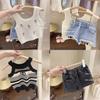 Stylish Summer Outfit For Girls Two Piece Set Includes Knit Vest And Denim Shorts
