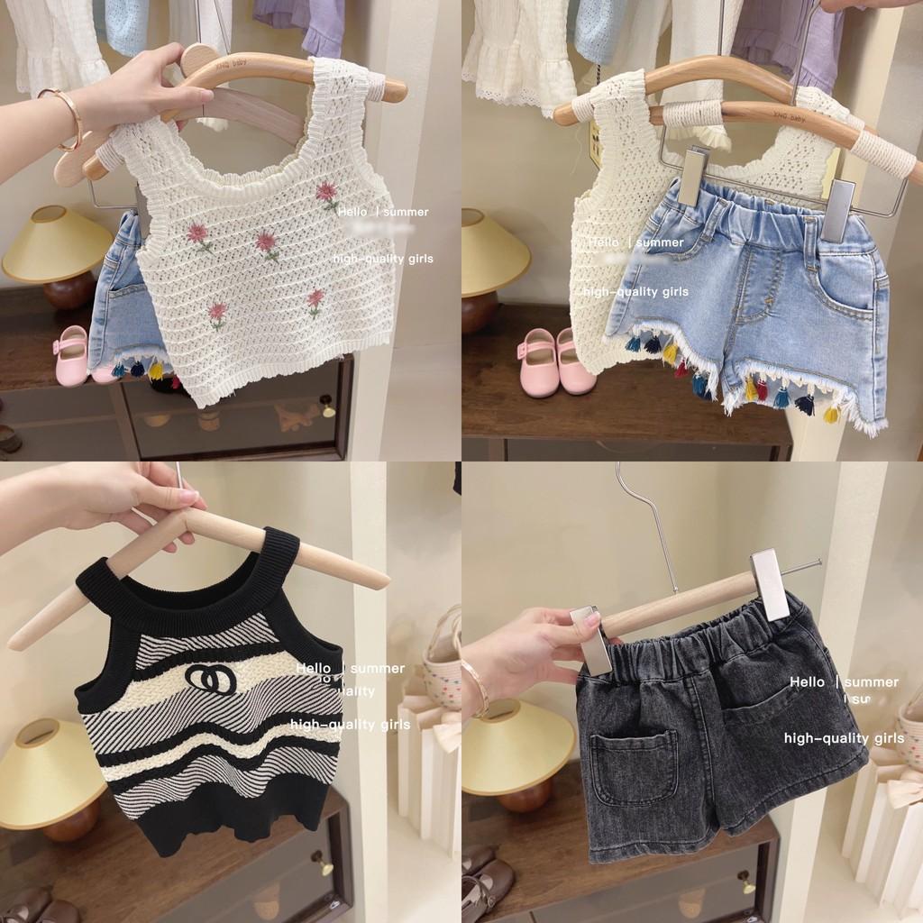 Stylish Summer Outfit For Girls Two Piece Set Includes Knit Vest And Denim Shorts