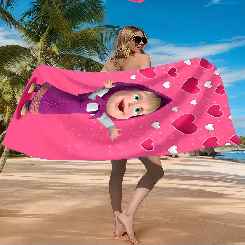 Heart-themed Ma-sha Illustration. Beach Towel Microfiber Beach Towel, Lightweight and Quick-Dry, for Summer Travel, Swimming Pool Fan Birthday Gift