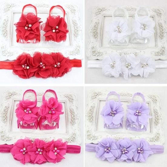 Cute Newborn Baby Infant Girl Rose Flower Headband + Barefoot Ring Sandals Shoes