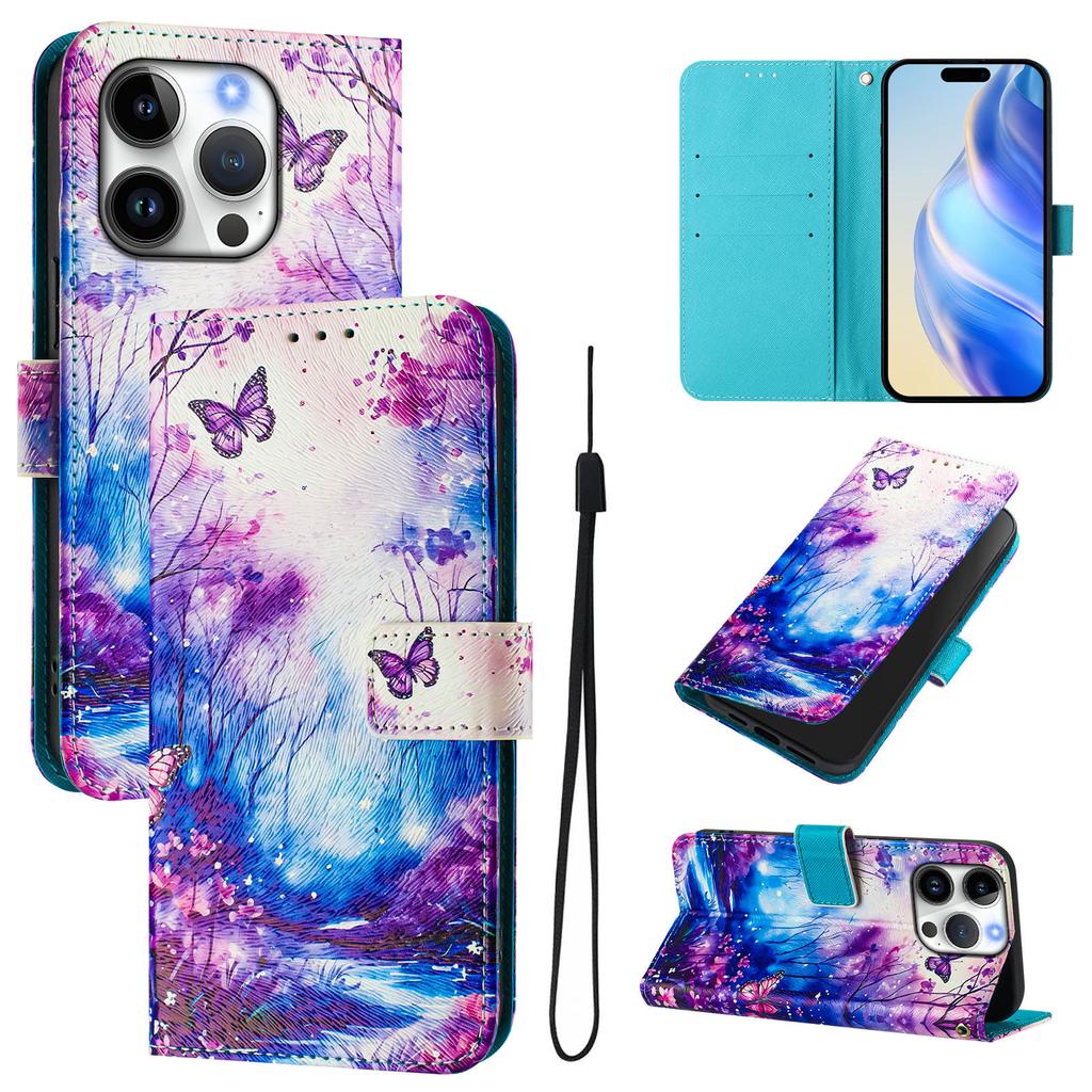 For iPhone 16 Pro Case Pattern Printing Wallet Phone Cover with Strap