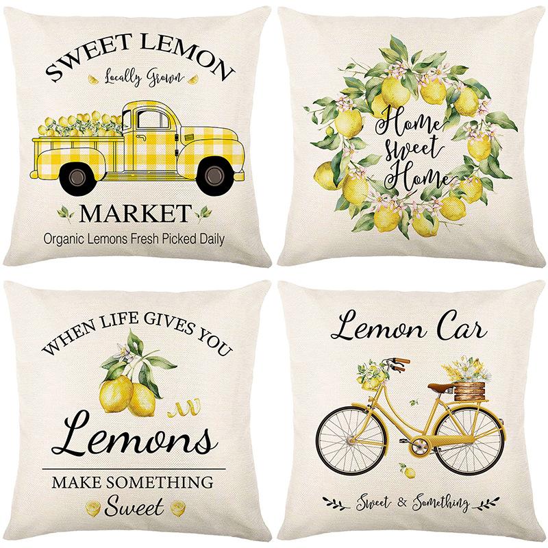 New Spring and Summer Pillow Cases Linen Yellow Lemon Truck Print Home Pillow Cushion Combination