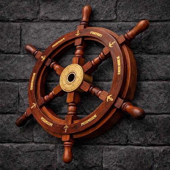 Wooden Ship Wheel Nautical Wall Decor, Maritime Coastal Beach House Helm Art Wooden Handle