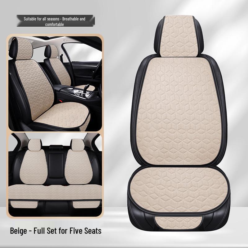 Universal All-Season Linen Car Seat Cushion Set - 3-Piece with Back Cushion and Headrest