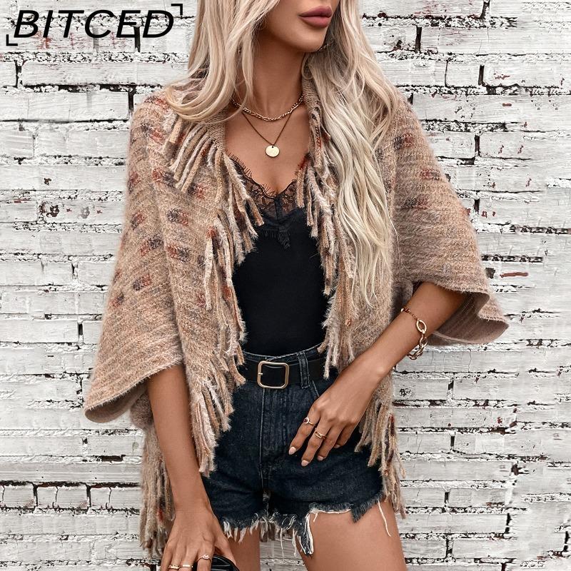 BITCED Colorful Plaid Knit Fringe Shawl Women's Fall/Winter Casual Oversized Sweater Cape