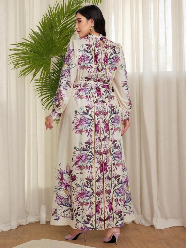 Dubai-Inspired Islamic Floral Lantern Sleeve Dress with Stand Collar