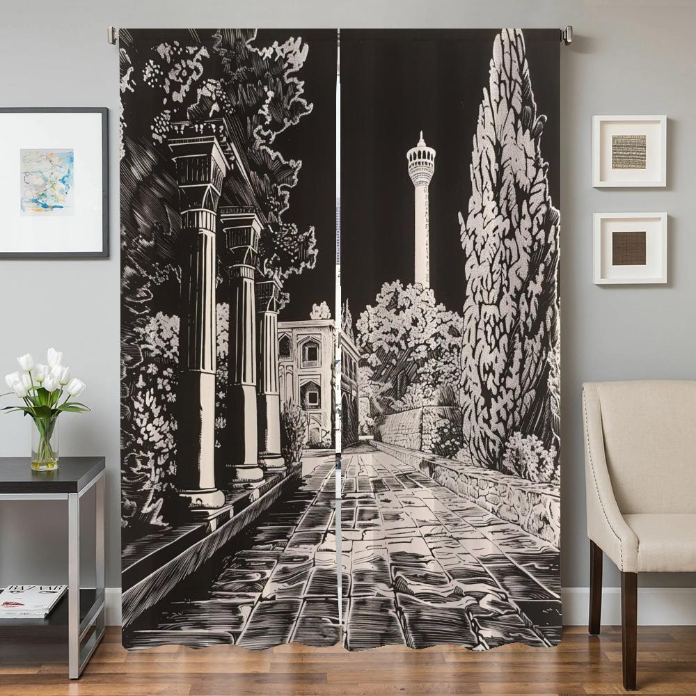 Kitchen Curtains for Living Room 2 Pieces Blackout Curtains Door Curtain Ancient Architecture Partition Bedroom Decoration Shade