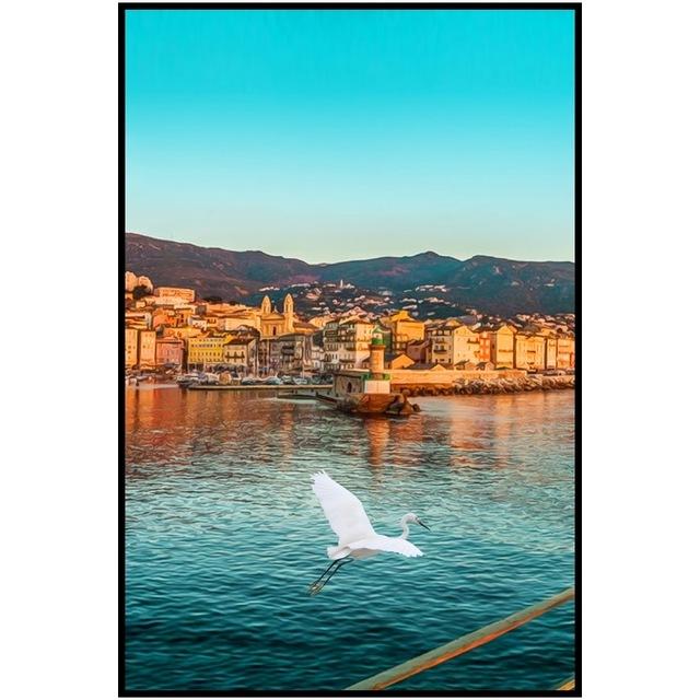 

Красивый прибрежный городской пейзаж закат сумерки эстакада маяк плакат холст живопись для гостиной домашний художественный современный декор 21*30cm