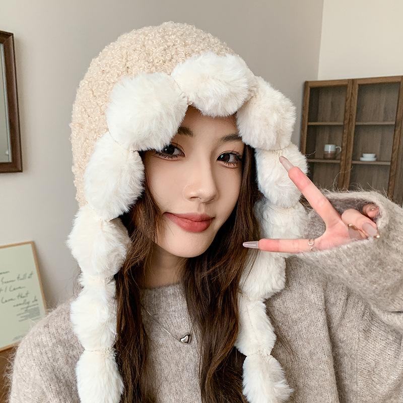 

Сладкая и милая белая плюшевая шапка-ушки женская зимняя тедди-волосы утолщенная теплая для лица маленькая шапка M（56-60cm）