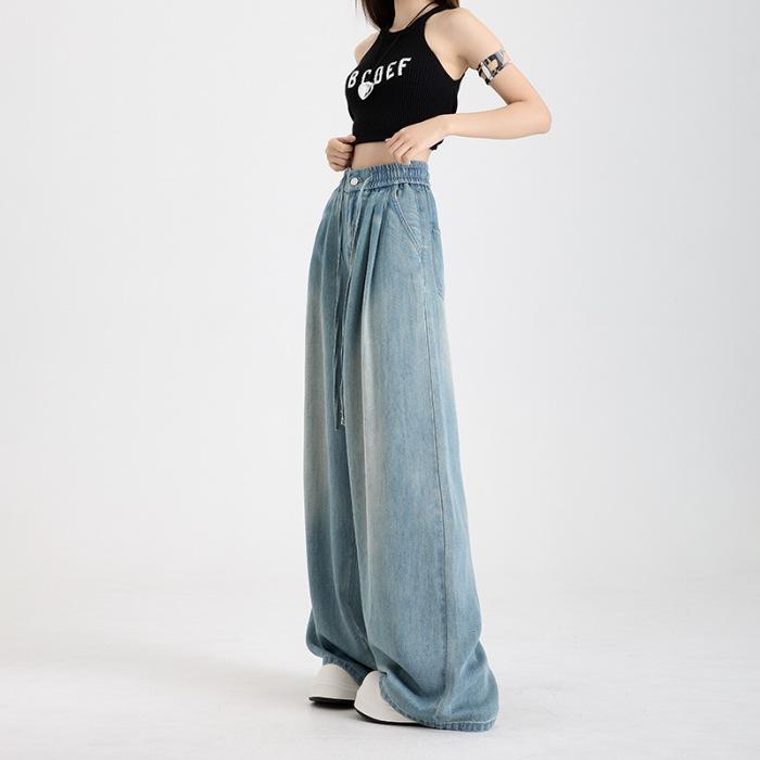 Summer Soft Cozy Woman Jeans Loose Wide Leg Elastic Waist Pants Fashion Casual Trousers