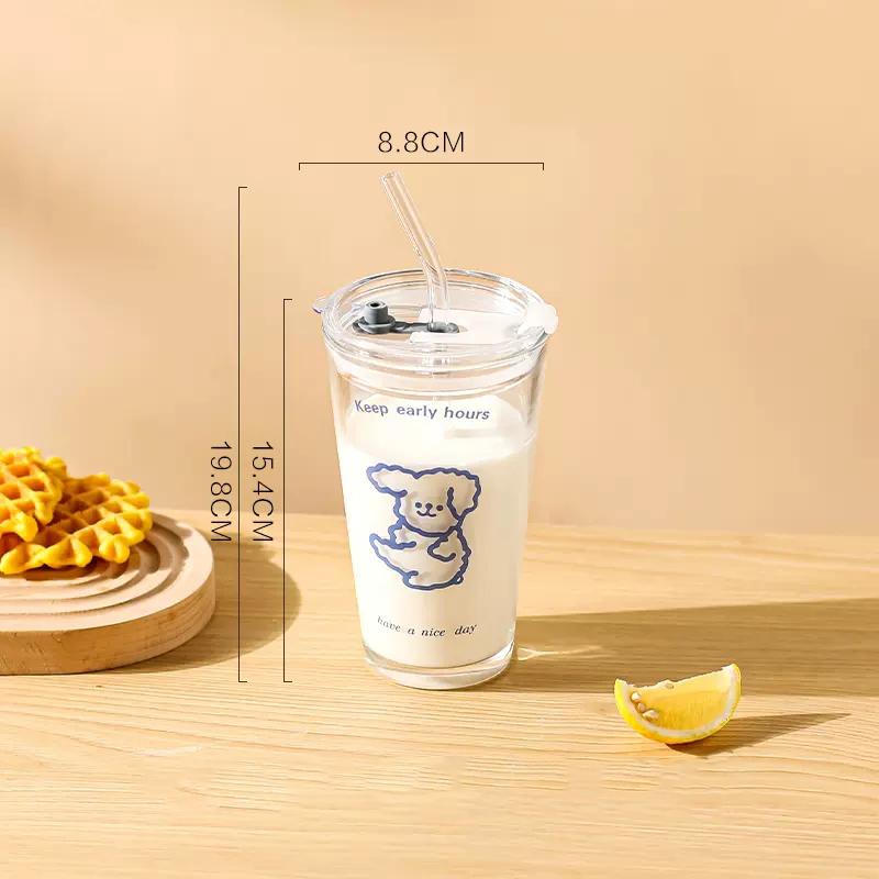 Roztomilá skleněná láhev na vodu s písmenem Korejská se slámkou a víčkem 480ml Jednoduché skleněné hrnky na kávu, mléko, džus, snídani na nápoje Dárek