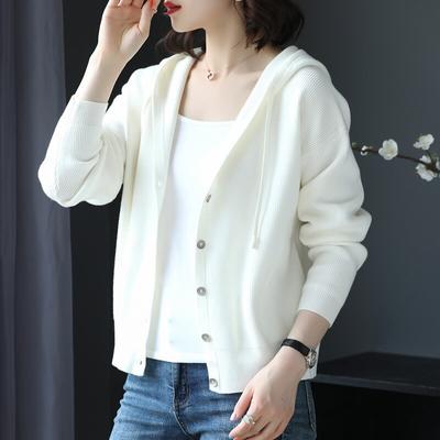 Damen Strick-Cardigan mit Kapuze Kurz Lässiger Cardigan Locker Einfarbig Jacke