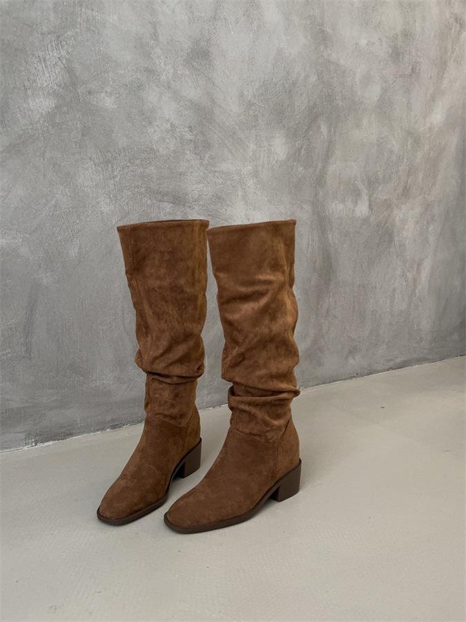 

2025 осень и зима новые корейская версия сборки плиссе толстый каблук внутренние тонкие ботильоны женские осень и зима ретро мода средняя голень тонкие ботильоны 39 коричневый