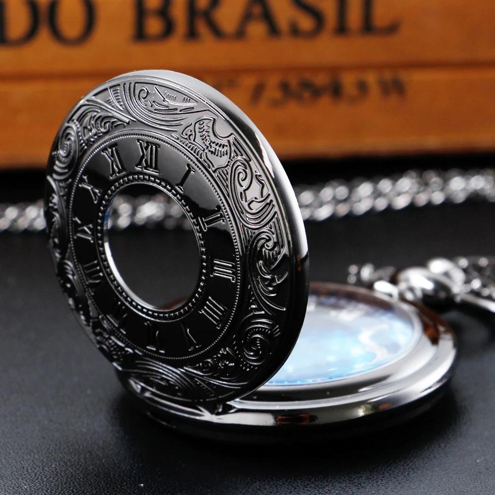 Black Vintage Romantic Star Sky Moon Star Design Roman Quartz Pocket Watch Necklace Pendant Chain Pocket Clock Women Men gift