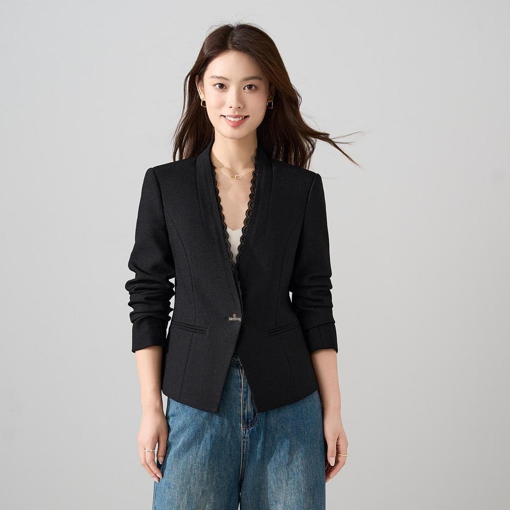 Women's White Lace Long Sleeve Blazer - Slim Fit, Short Style, Versatile for Autumn 2025