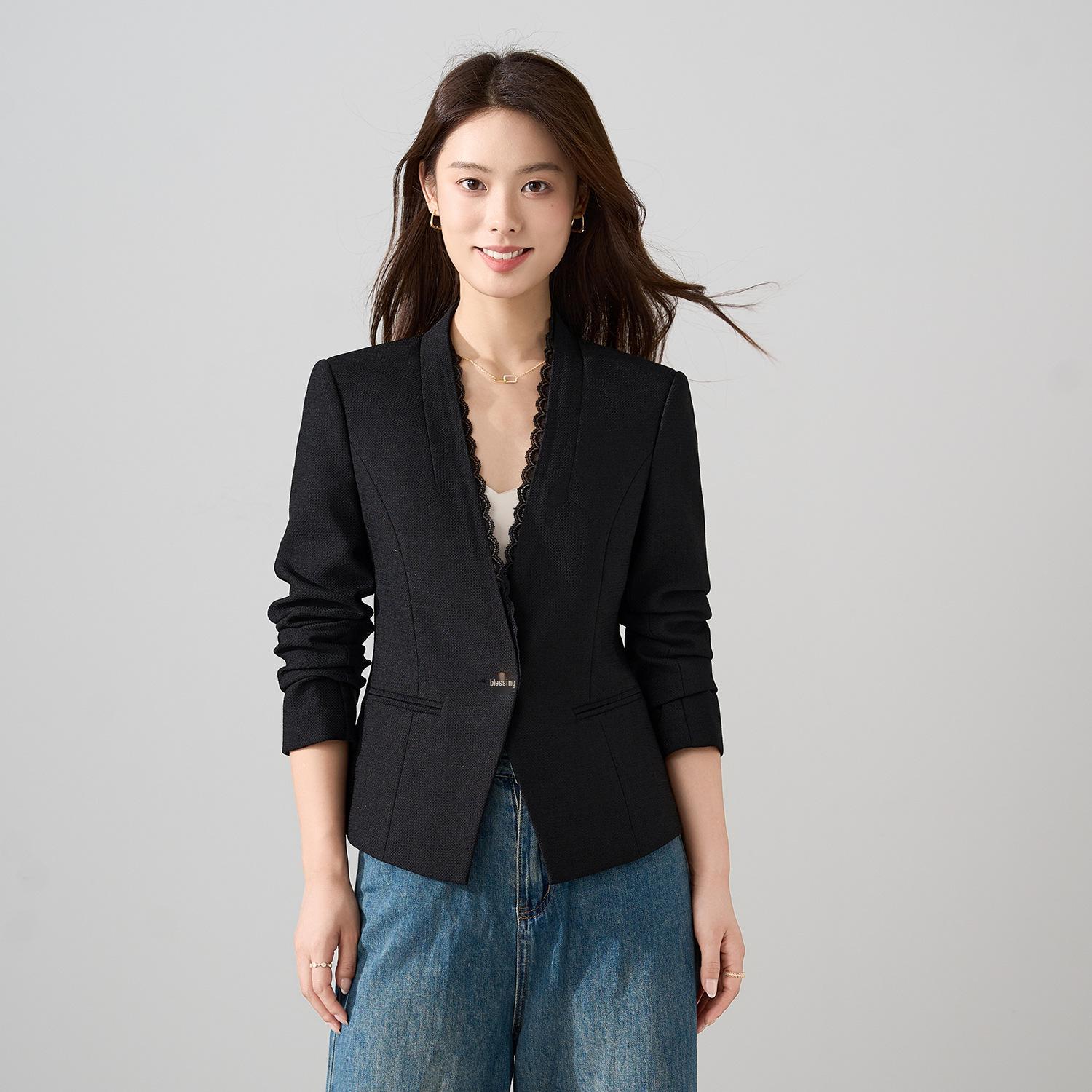 

Women s White Lace Long Sleeve Blazer - Slim Fit, Short Style, Versatile for Autumn 2025 L