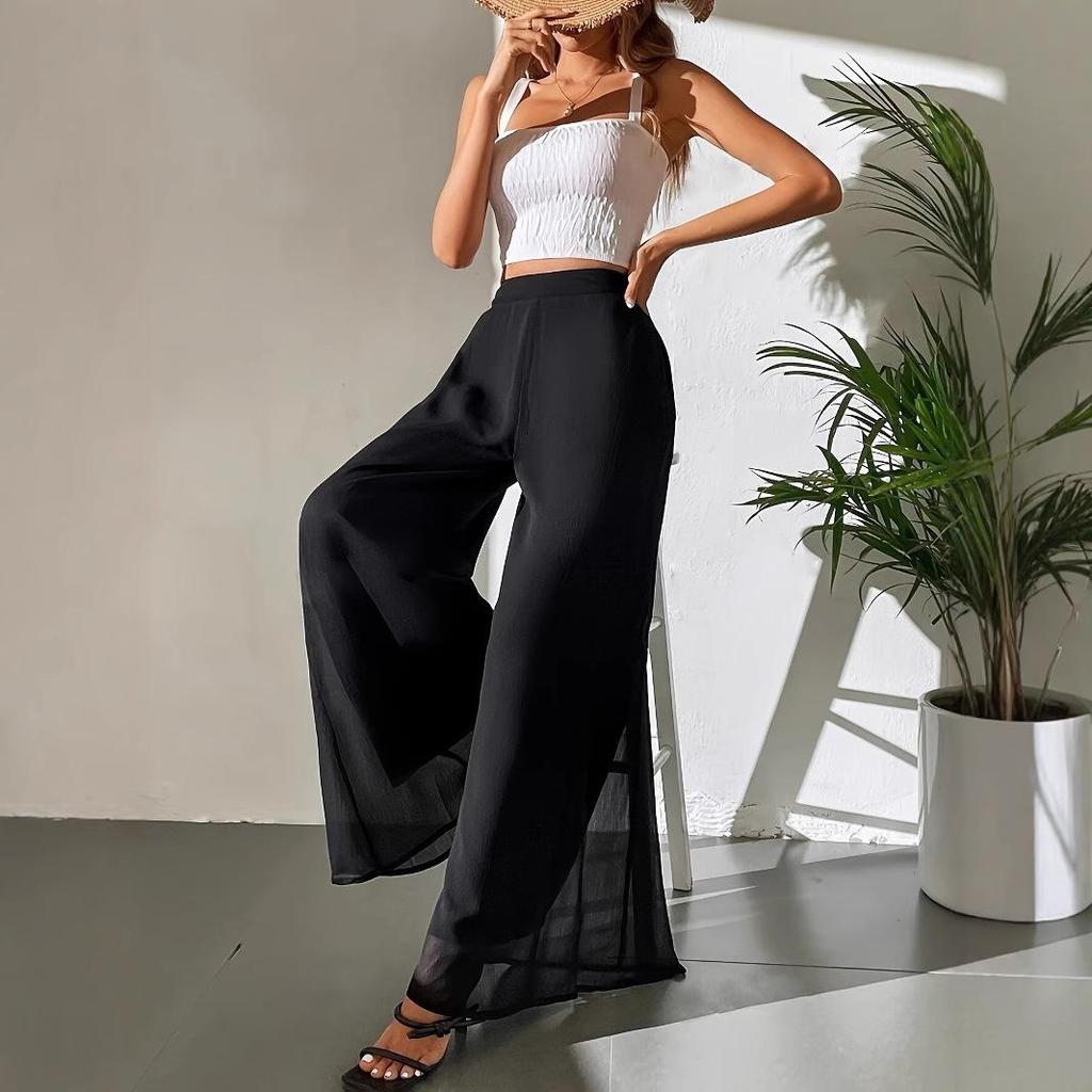 Pantaloni larghi in chiffon da donna con fondo trasparente