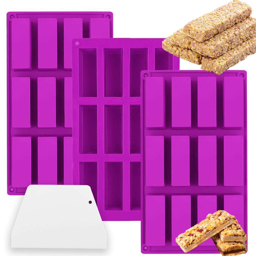 3-Piece Silicone Mold Set: 12 Cavities Non-Stick Flexible Material for Granola Bars - Versatile Baking Molds for Chocolate Protein Bars for Home
