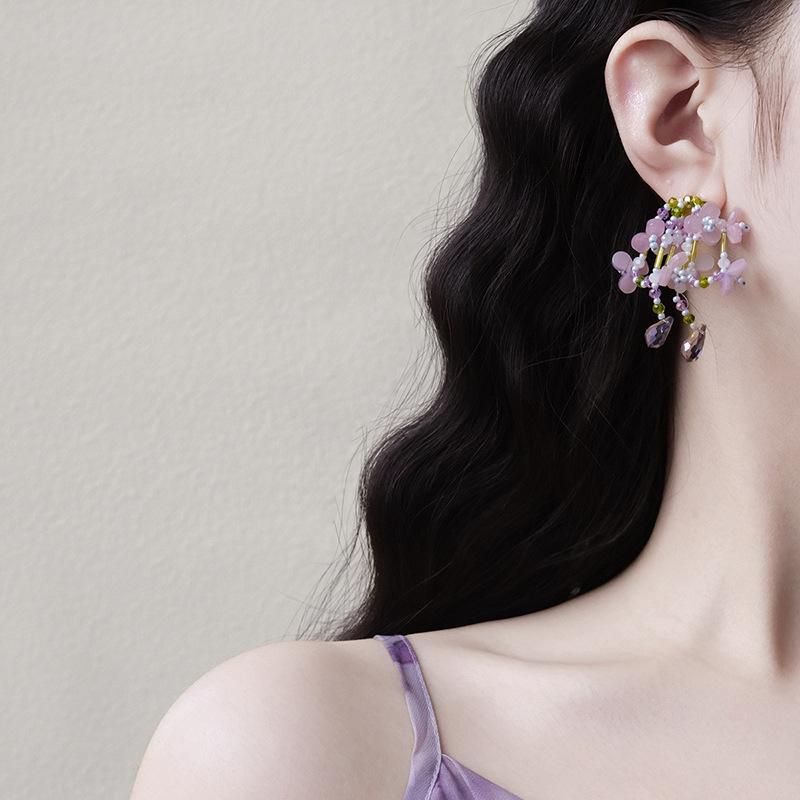Crystal Rice Bead Tassel Flower Stud Earrings Sweet Girl Heart Earrings Color Dopamine Mori Earrings