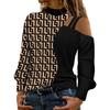 Women's Long Sleeve Off Shoulder Top Color Block Design High Neck Casual Blouse in Multi Colors