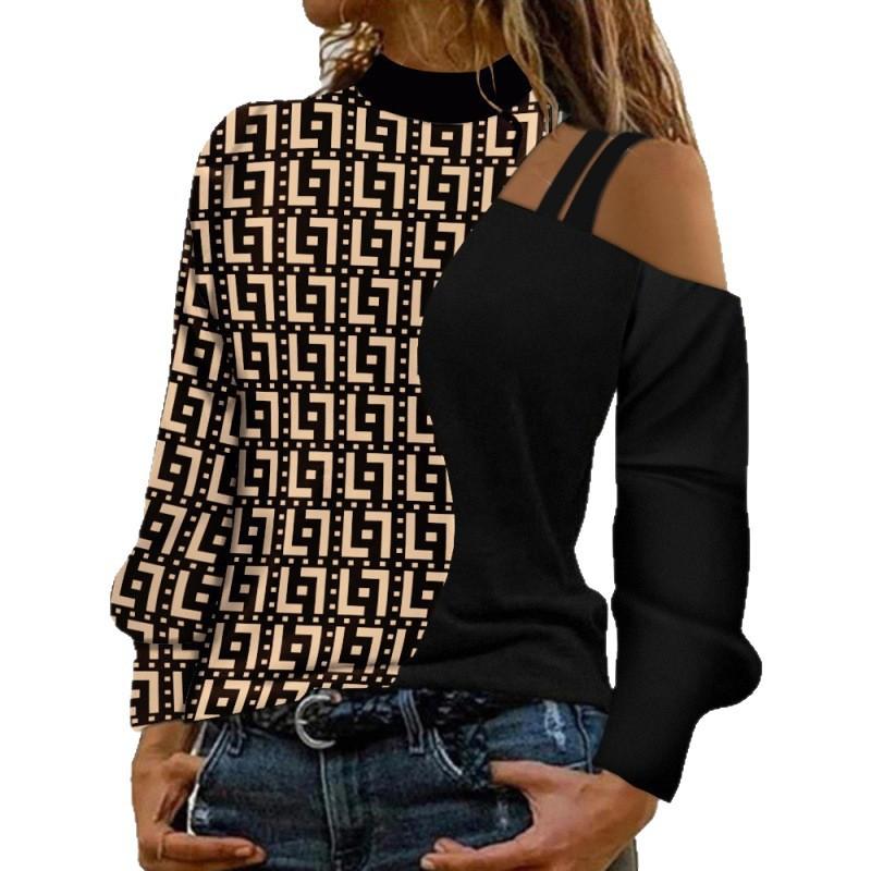 Women's Long Sleeve Off Shoulder Top Color Block Design High Neck Casual Blouse in Multi Colors