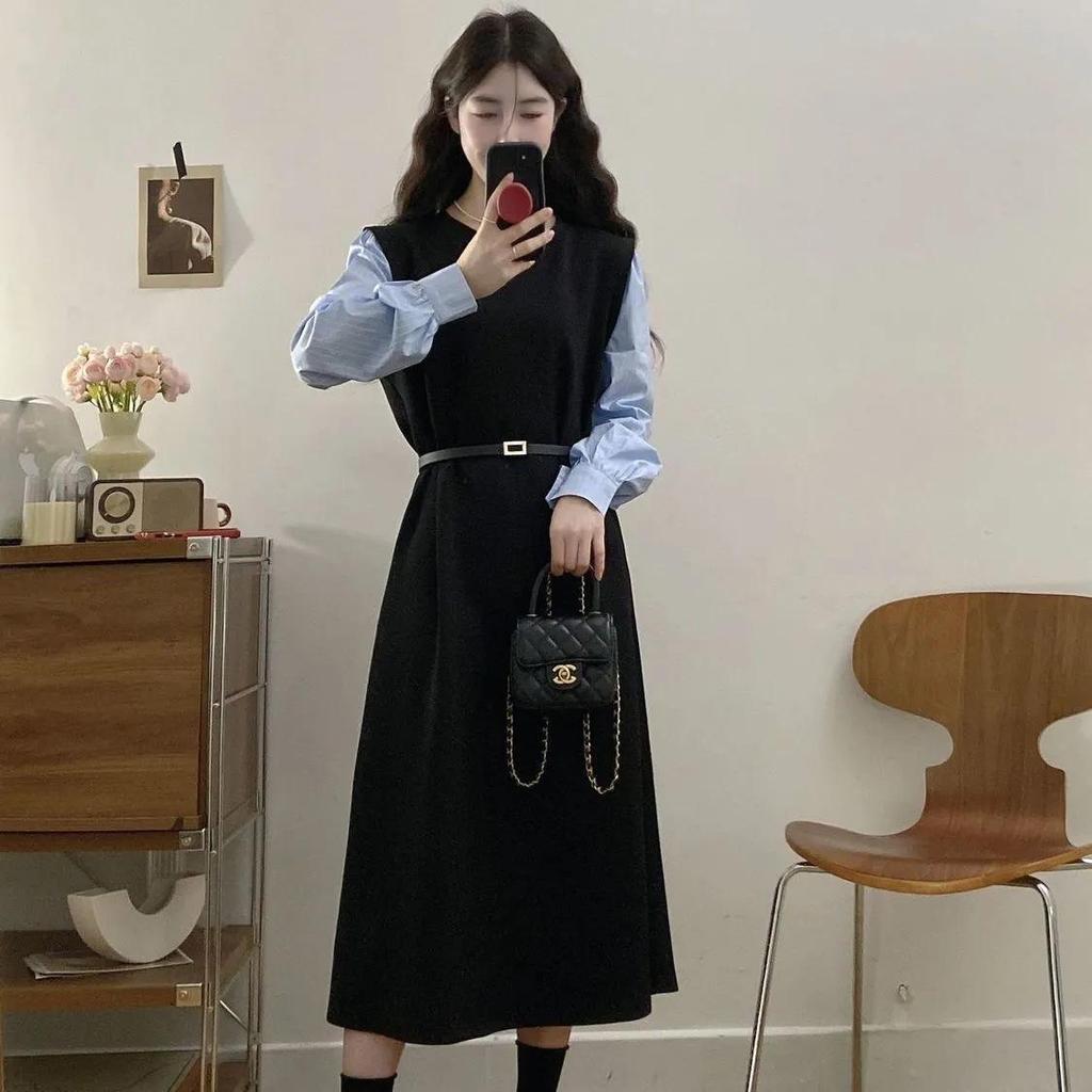 2025 Plus Size Long Sleeve Patchwork Two-Piece Slim-Fit Dress for Women