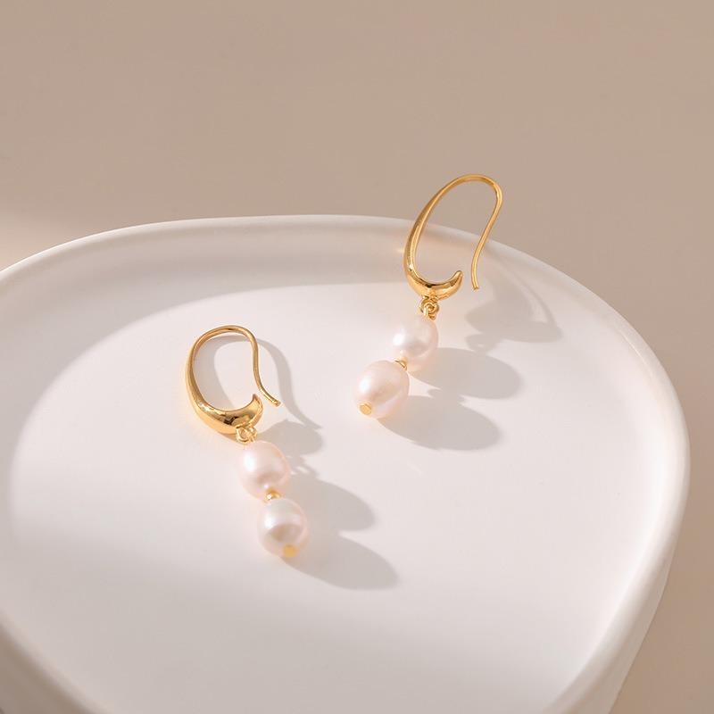 Simple Retro Long Pearl Drop Earrings 18k Gold Plated For Women