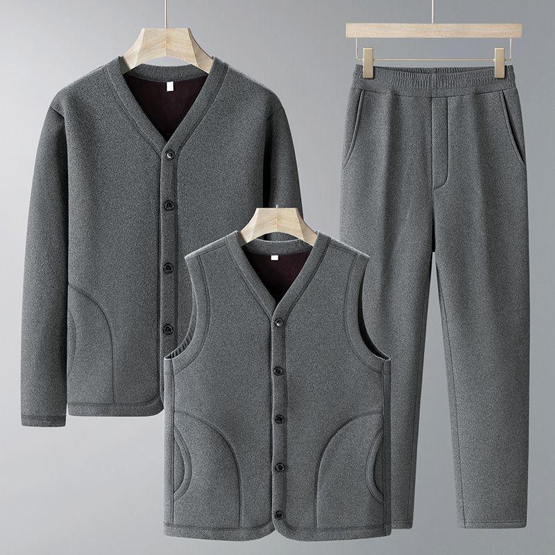 Grandpa’s Autumn & Winter Thickened Cotton Outfit: Velvet Three-Piece Set and Two-Piece Set for Middle-Aged & Elderly.