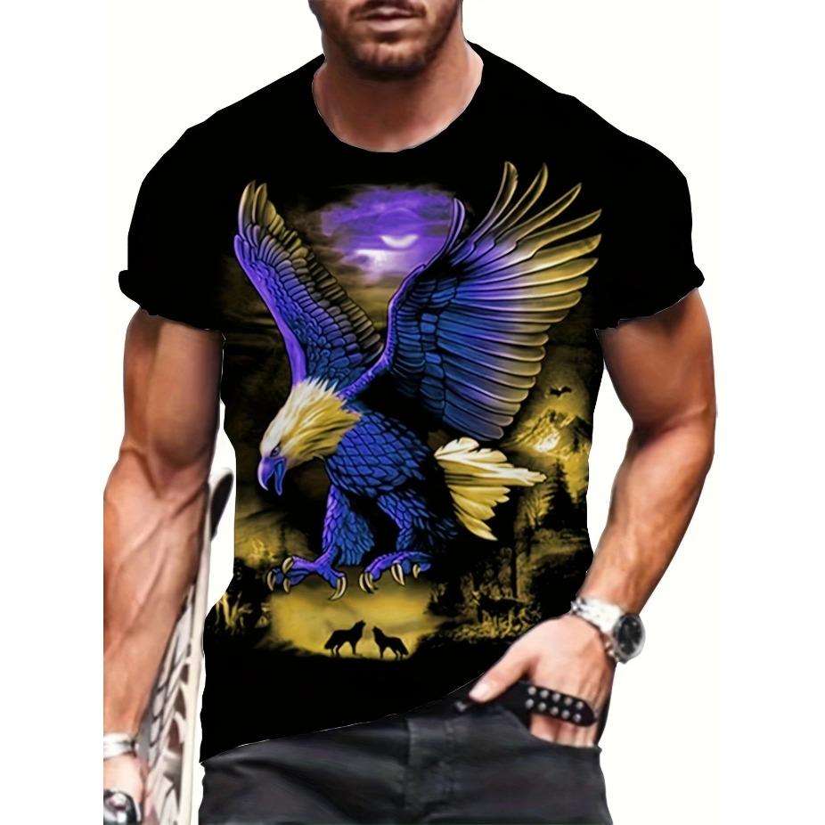 Herren 3D Adler und Wolf Grafik T-Shirt - Lebhafter Mehrfarbdruck, Lässiger Kurzarm, Polyester, Maschinenwaschbar, ÜBERGRÖSSE