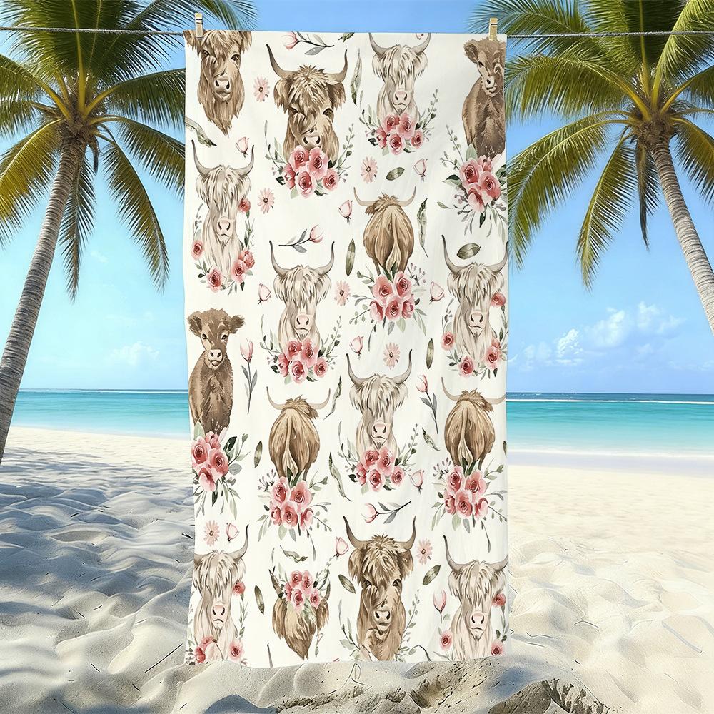 Europäisches und Amerikanisches Retro Hochlandrind Druck Strandtuch Mikrofaser Verdickt Wasseraufnahme Schnelltrocknend Outdoor Badetuch