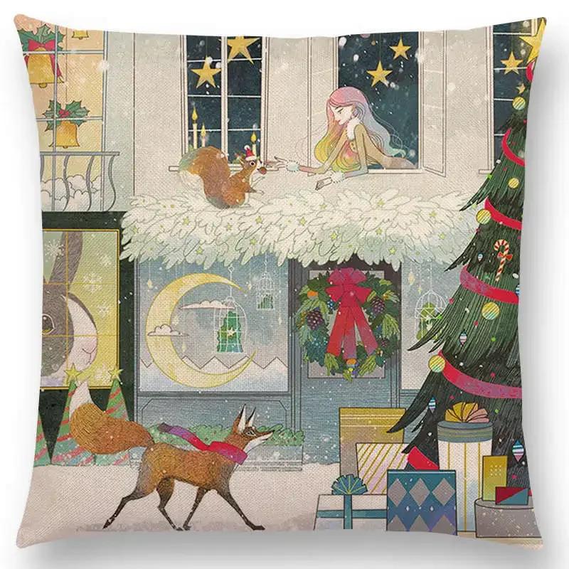 Neuankömmling Niedliche Cartoon-Tiere Kleine Katze Traum Elch Hübsches Mädchen Wald Leuchtender Stern Kissenbezug Sofa Wurfkissenbezug