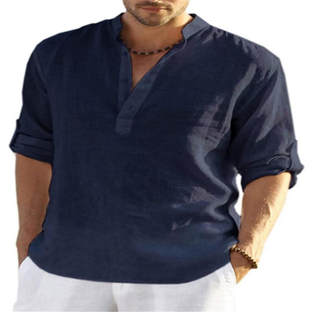 Men's Casual Long Sleeve Solid Color Shirt For European American Loose Collar Linen Cotton Stand