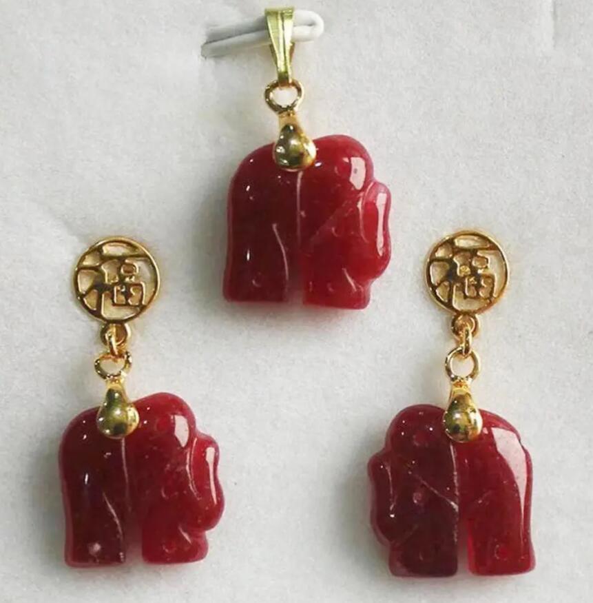 

Набор серег с подвеской в ​​виде слона из натурального красного нефрита