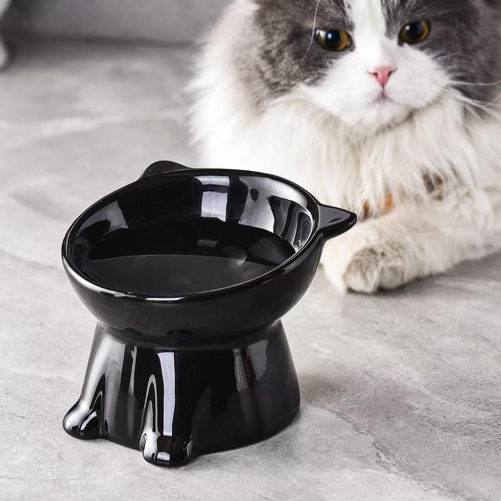 2pcs Set - Elegant Black/Pure White Elevated Pet Bowls with 15° Tilt – Anti-Spill Raised Pet Feeding Bowls, Non-slip Cat Double Bowls with