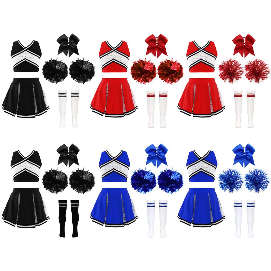 Set Cheerleader Scintillante per Bambine Top Corto a V a Righe Incrociate Gonna Pieghettata e Fiocco