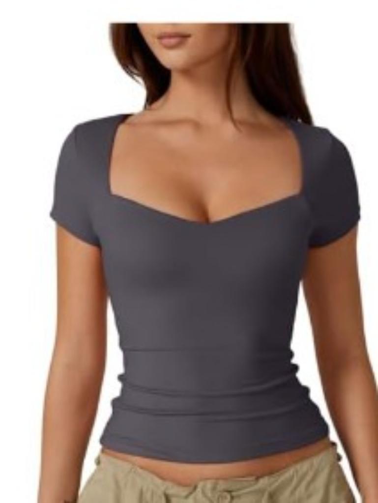 2026 Women's Heart-Shaped Neck Short Sleeve T-Shirt Women's Solid Color Slim Fit Basic Fashion Show