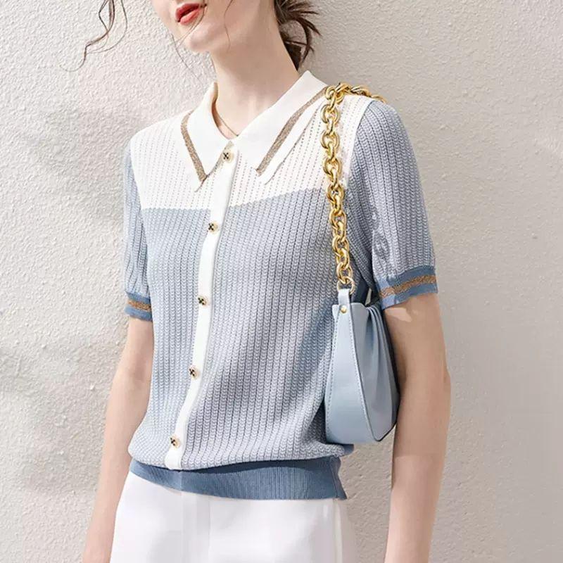 Women's Polo Collar Knitted Summer Thin 2024 New Fashion Casual Color-blocked Versatile Short Sleeved Button Loose T-shirts Tops
