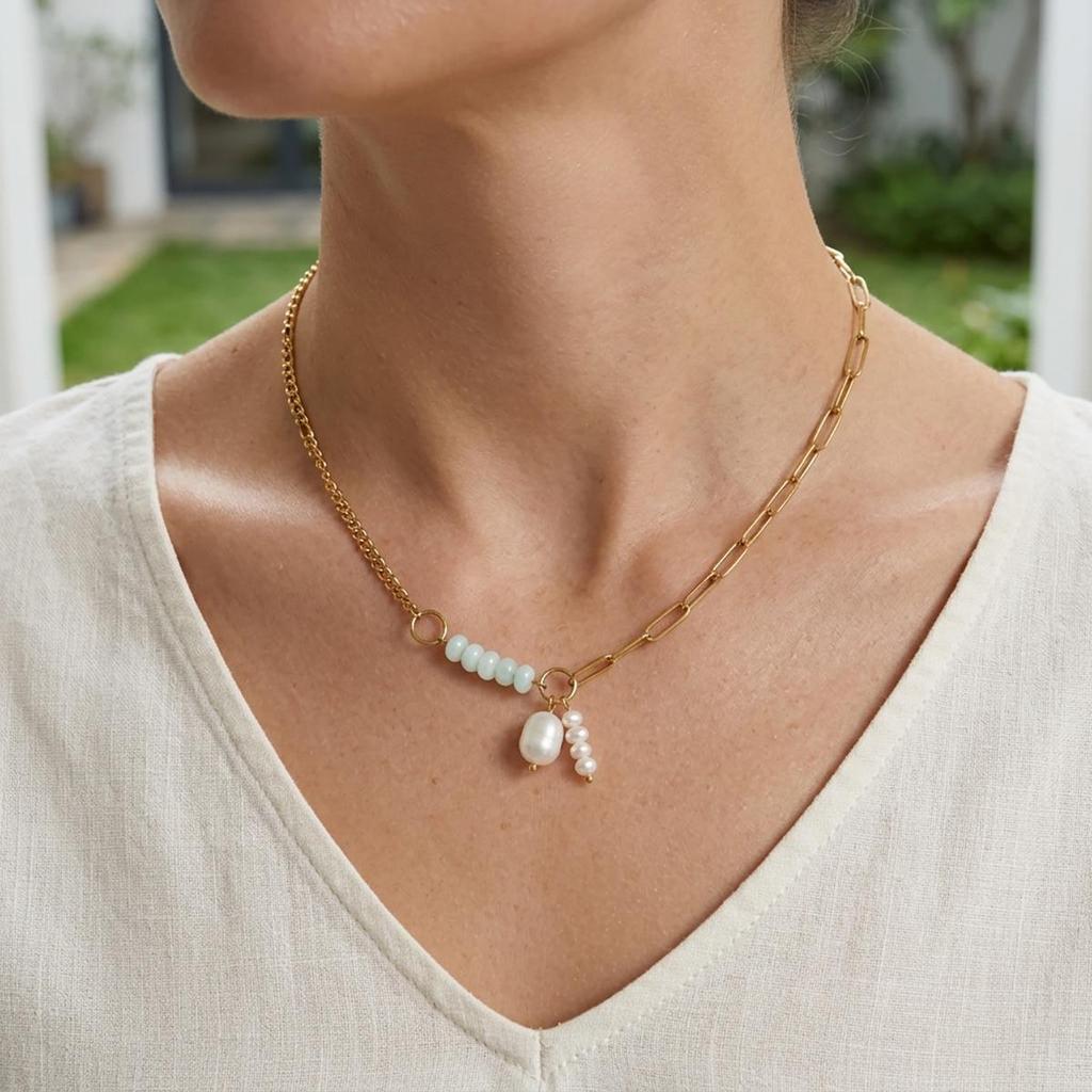 Summer Dopamine Multi-Colored Stone & Pearl Necklace with Gold-Plated Chain