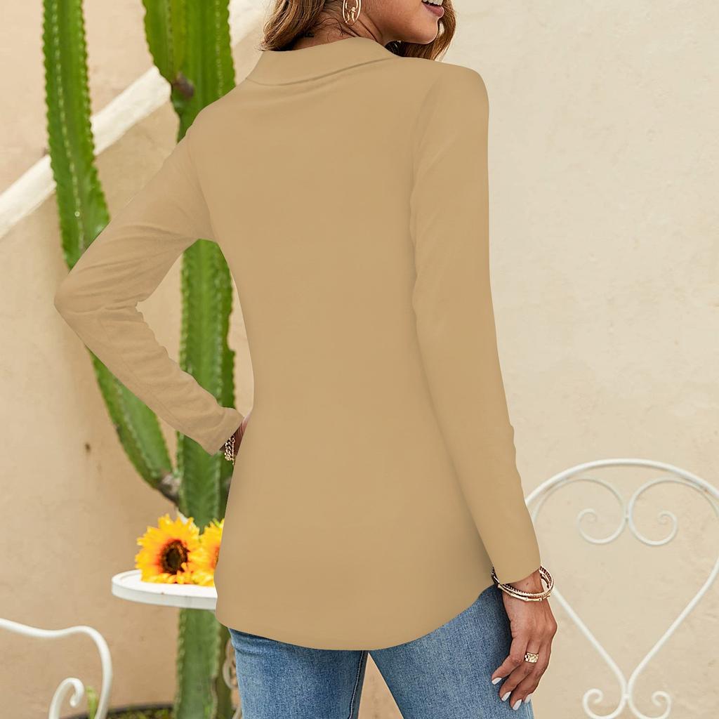 Women's Fashion Color Button Collar V Neck Long Sleeve Loose Shirt Tops