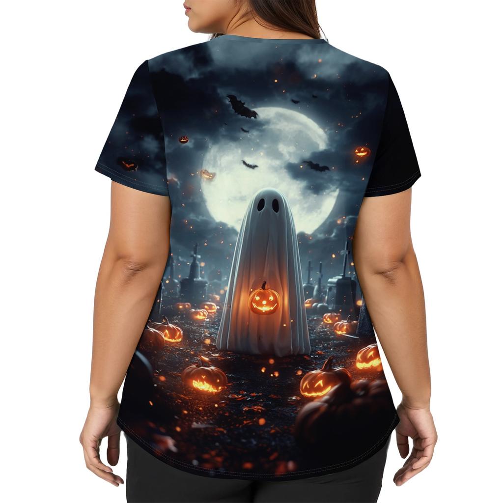 Women V Neck Short Sleeve Work Top with Side Slits and Pockets Halloween Pumpkin Print Shirt Suitable for Professional Use and Casual Wear