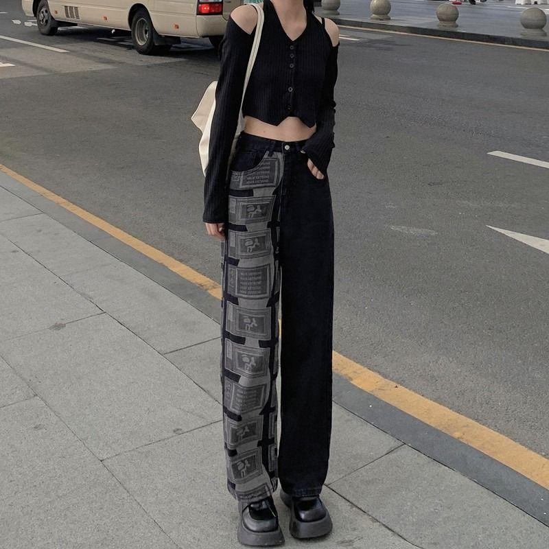

Western Style Gyaru Black Straight Jeans Women Chubby Girl Design Pattern Patchwork Mopping Floor Plus size Wide Leg Pants Black 4XL [82.50 kg-87.50 kg]]