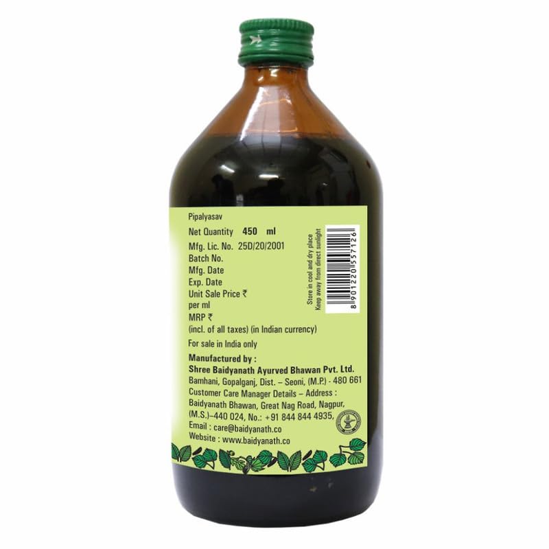 Baidyanath Asli Ayurved Pipalyasav Ayurvedic Digestive Tonic for Digestion Support Acidity Balance Herbal Wellness 450 ml Pack of 1