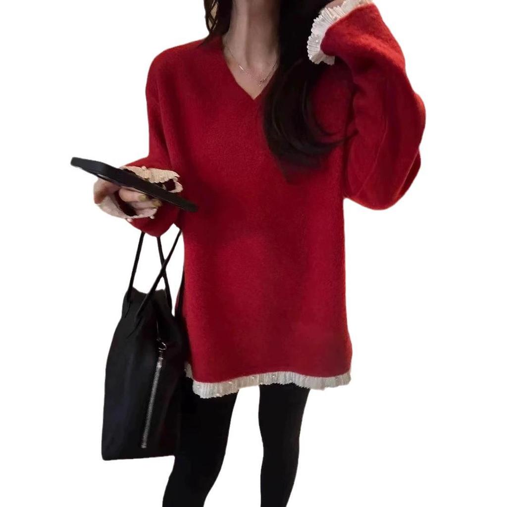 Women's Korean V-Neck Mid-Length Knit Sweater - Autumn/Winter 2024, Casual Loose Fit, Slimming, Soft & Fluffy.
