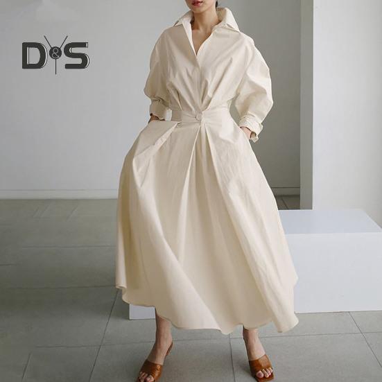 Women's Long Sleeve Button Down Shirt Dress Casual A-Line Midi Dress Loose Fit Lapel Collar Long Dress for Office Parties And Beach