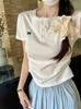 Gray Lace Front Shoulder Short-sleeved T-shirt Women's Summer New Pleated Card Waist Bow Short Top